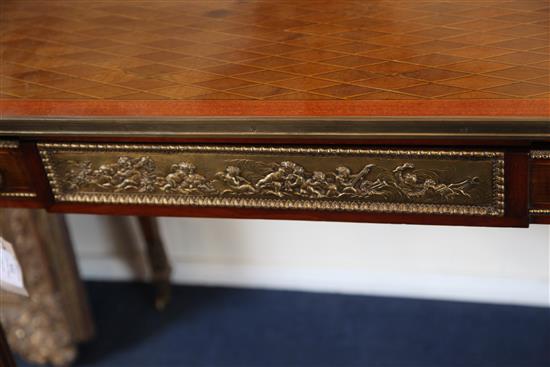A Louis XVI style harewood and purple heart centre table, W.2ft 7.5in. D.1ft 9in. H.2ft 5in.